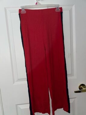 Red Wide-Leg Pants with Black Side Stripe